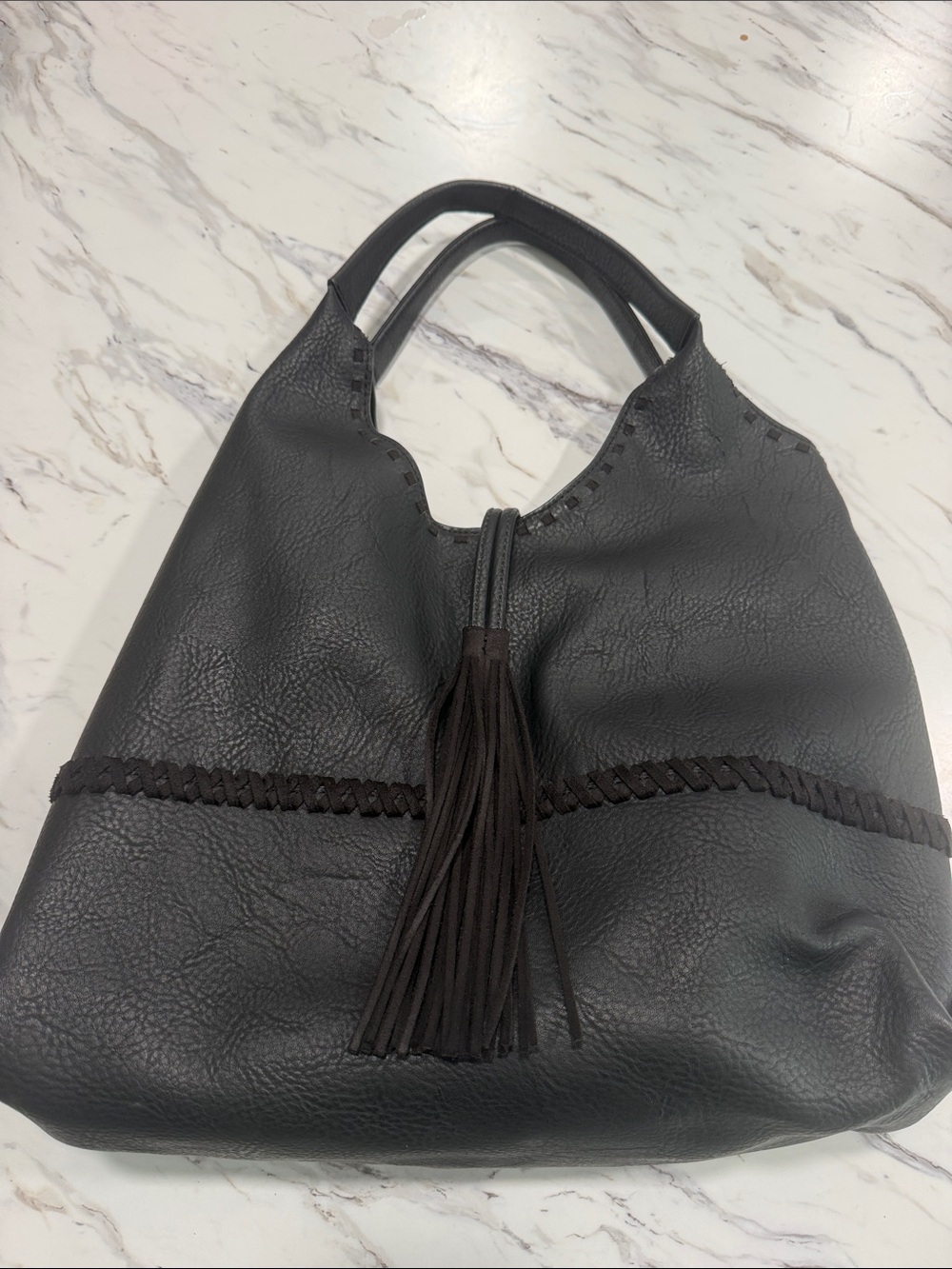 Big Buddha Black Pebbled Hobo Shoulder Bag with Tassel